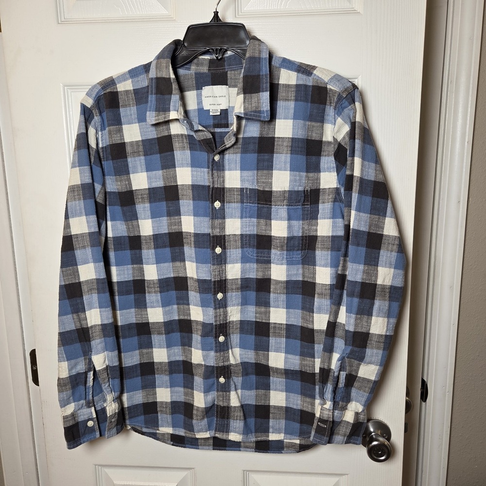 American Eagle‎ sz XL blue plaid button up super soft shirt 100% cotton casual